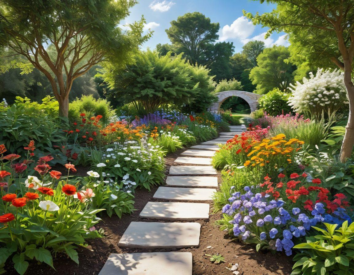 A serene landscape featuring a sunlit path winding through a lush garden filled with vibrant flowers and gentle streams. At the forefront, a diverse group of people is practicing mindfulness and sharing joyful moments, symbolizing emotional wellness and resilience. The sky is bright and uplifting, with soft clouds drifting by, embodying hope and positivity. Elements of nature such as birds and butterflies enhance the scene, creating a harmonious atmosphere. super-realistic. vibrant colors. white background.