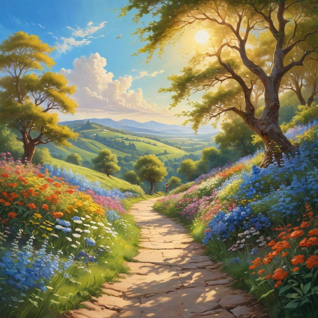 A serene landscape depicting a winding path surrounded by blooming flowers and lush trees, with a joyful person meditating at its center, bathed in warm sunlight. In the background, a radiant blue sky and gentle hills symbolize growth and peace. Soft, inviting colors create a sense of calm and happiness. semi-realistic. vibrant colors. tranquil atmosphere.