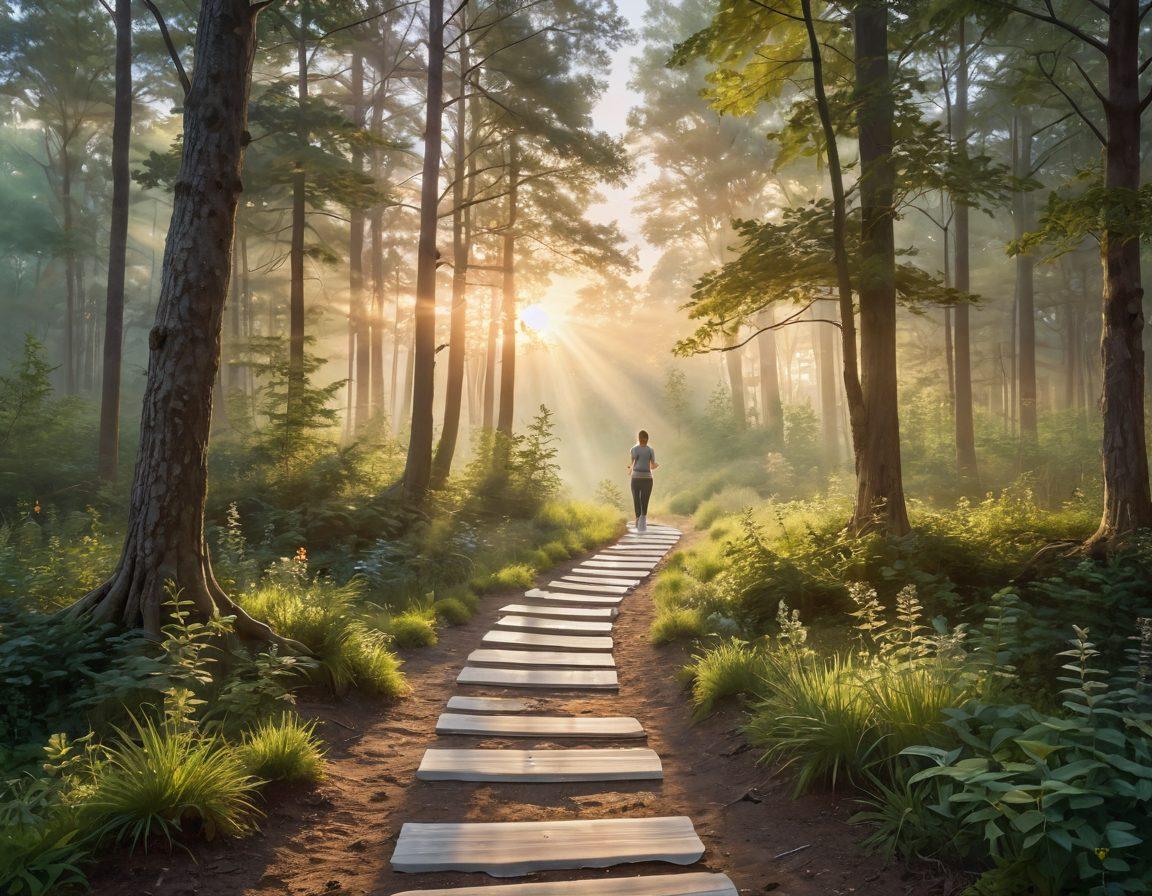 A serene landscape with a sunrise illuminating a tranquil forest path, symbolizing renewal and personal growth. Along the path, diverse individuals practicing yoga, meditating, and enjoying nature, embodying emotional well-being and thriving spirits. Soft pastel colors and gentle light create a calming atmosphere. super-realistic. vibrant colors. peaceful setting.